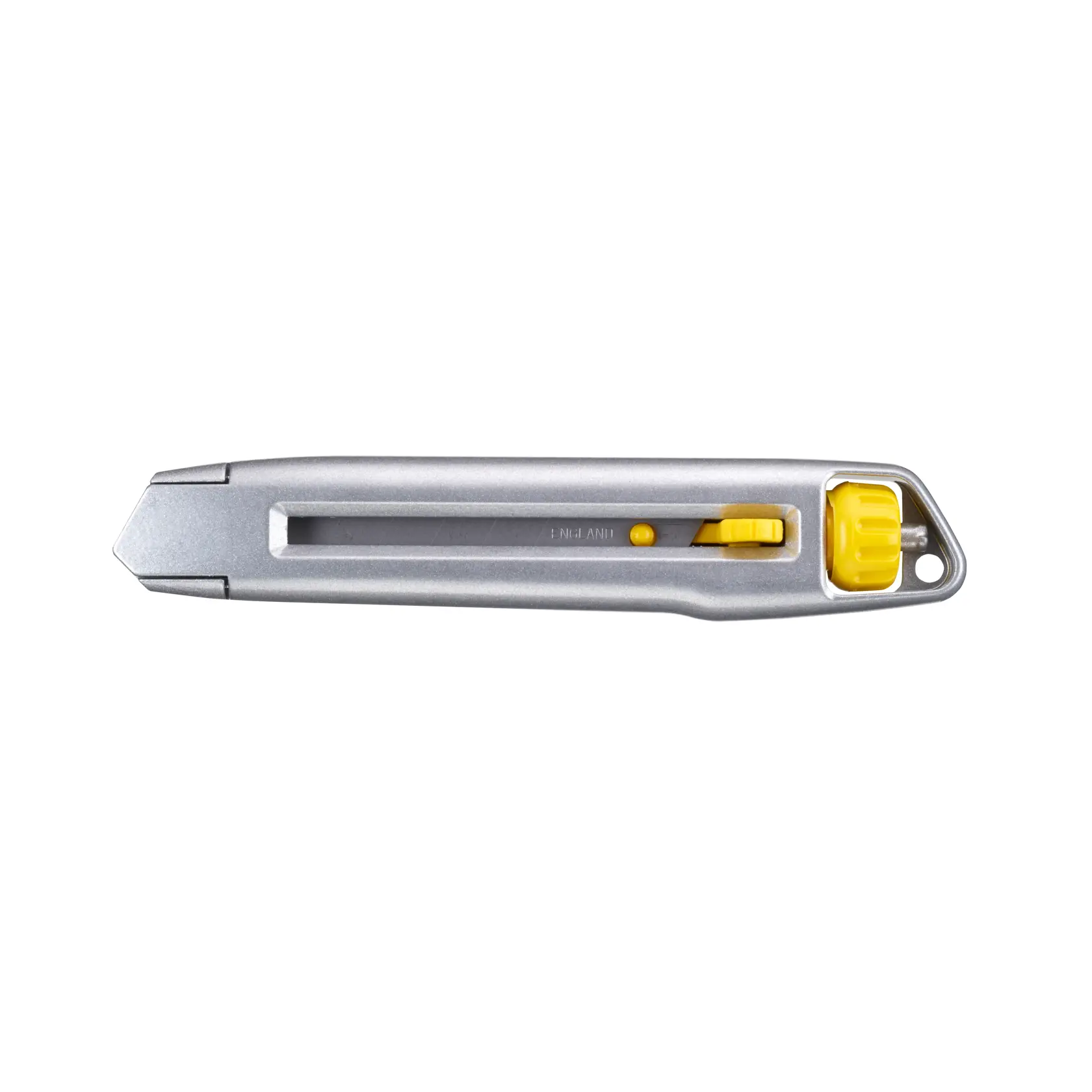 Photo of STANLEY 0-10-018 utility knife with silver body and yellow accents, top angle on white background.