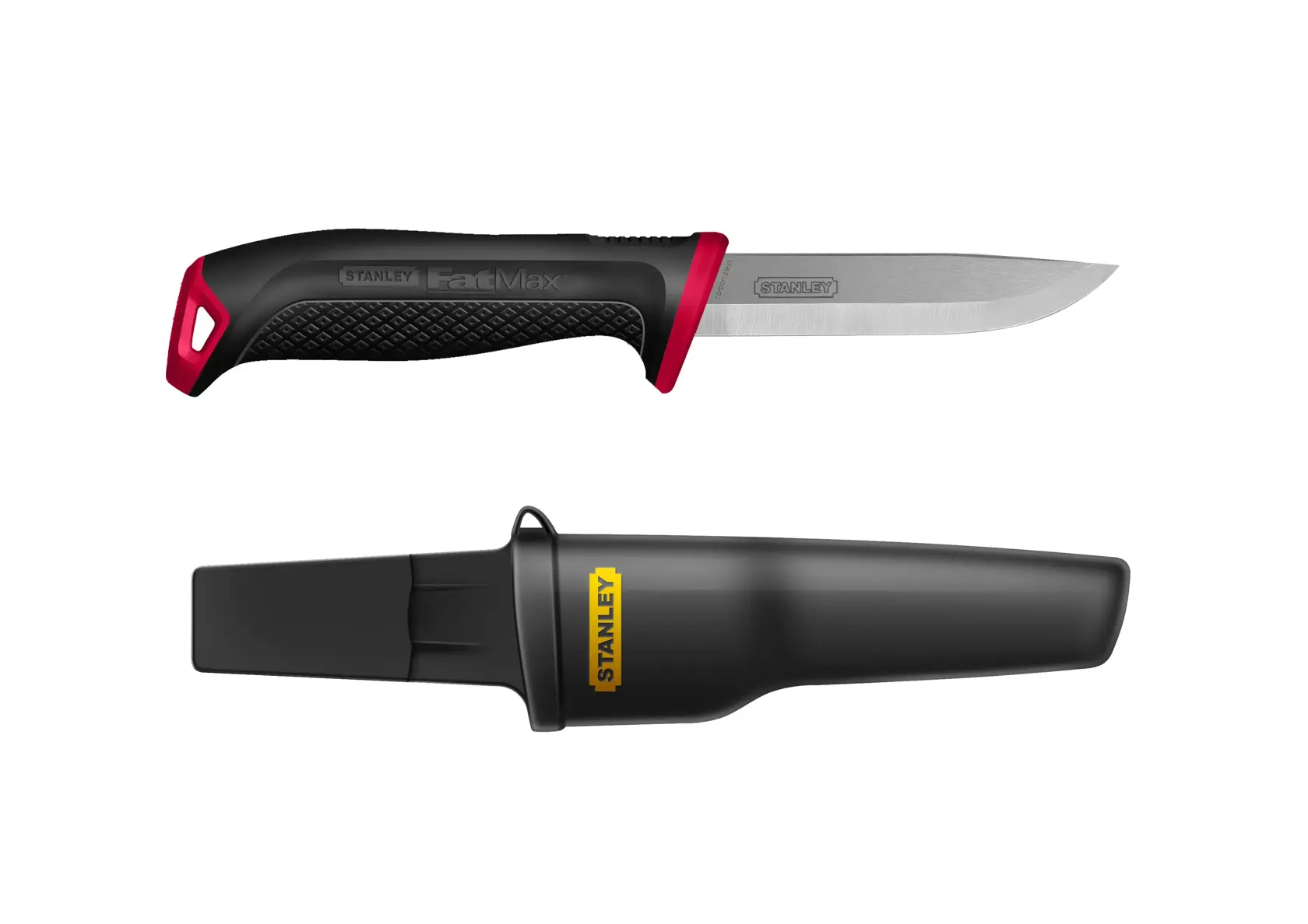 Photo of STANLEY 0-10-231 fixed blade utility knife and black sheath, side view on white background.