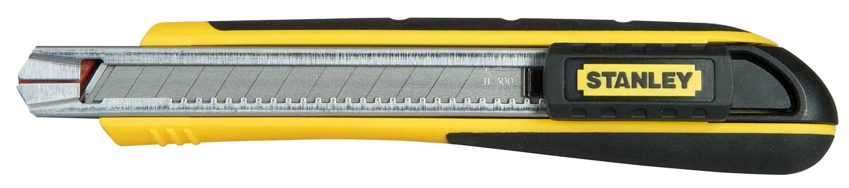 STANLEY 0-10-475 retractable utility knife, yellow and black, left side view on white background.
