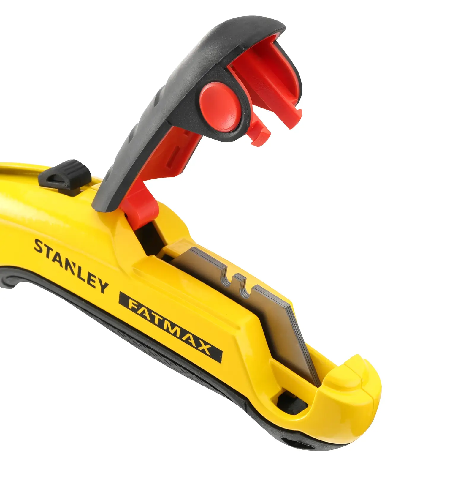 STANLEY 0-10-778 utility knife with yellow and black body, FATMAX branding, side angle, blade storage open