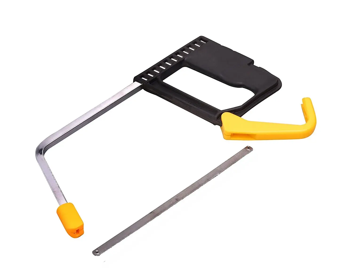 STANLEY 0-15-218 hacksaw with black handle, yellow accents and spare blade, front angle photo.