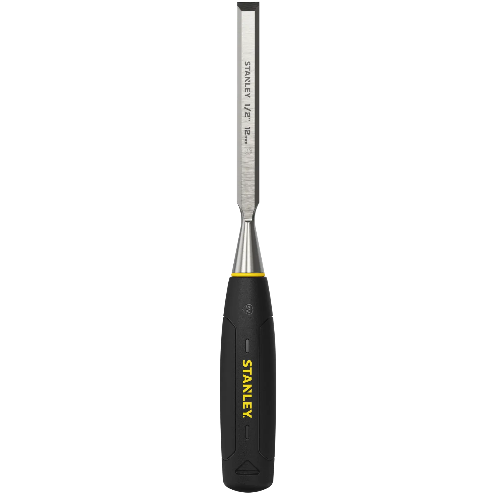 Stanley chisel with black and yellow handle and 12mm steel blade, shown upright on white background.