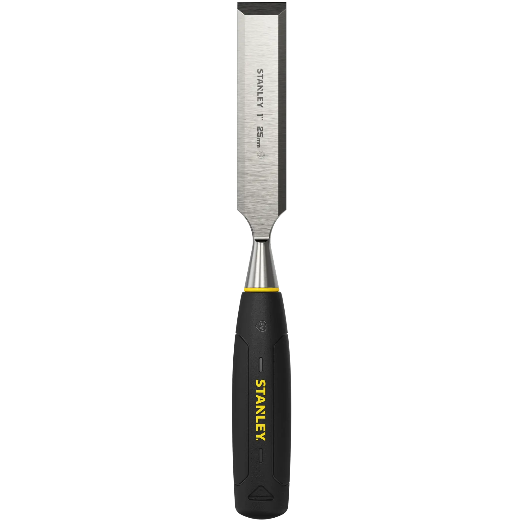 Stanley 25mm chisel with a black and yellow handle and sharp metal blade for woodworking.