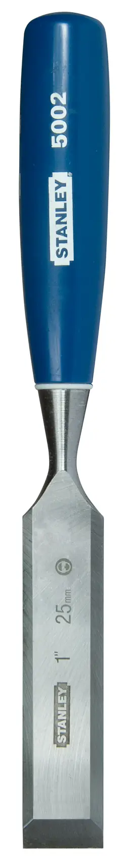 STANLEY 0-16-551 woodworking chisel with blue handle, product facing up, white background.