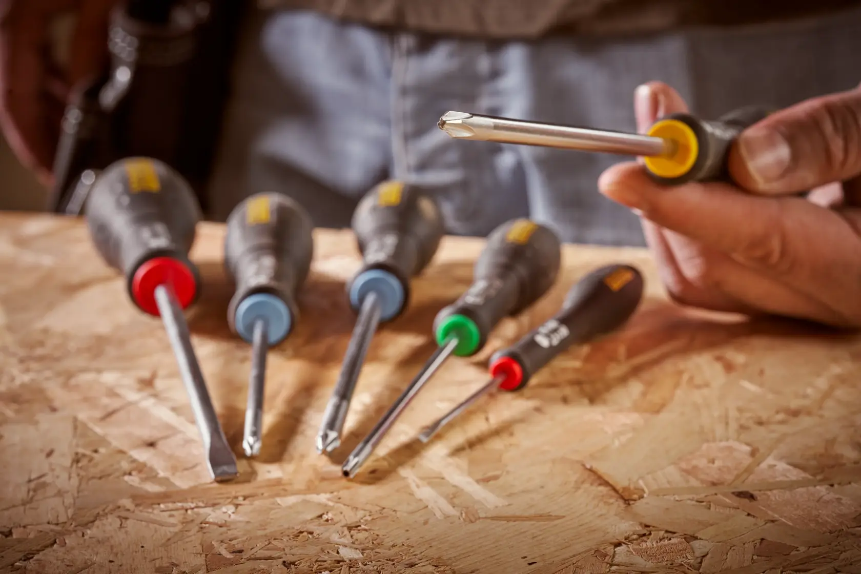 STANLEY 0-65-209 screwdriver set with color-coded handles on wood surface, close-up photography.