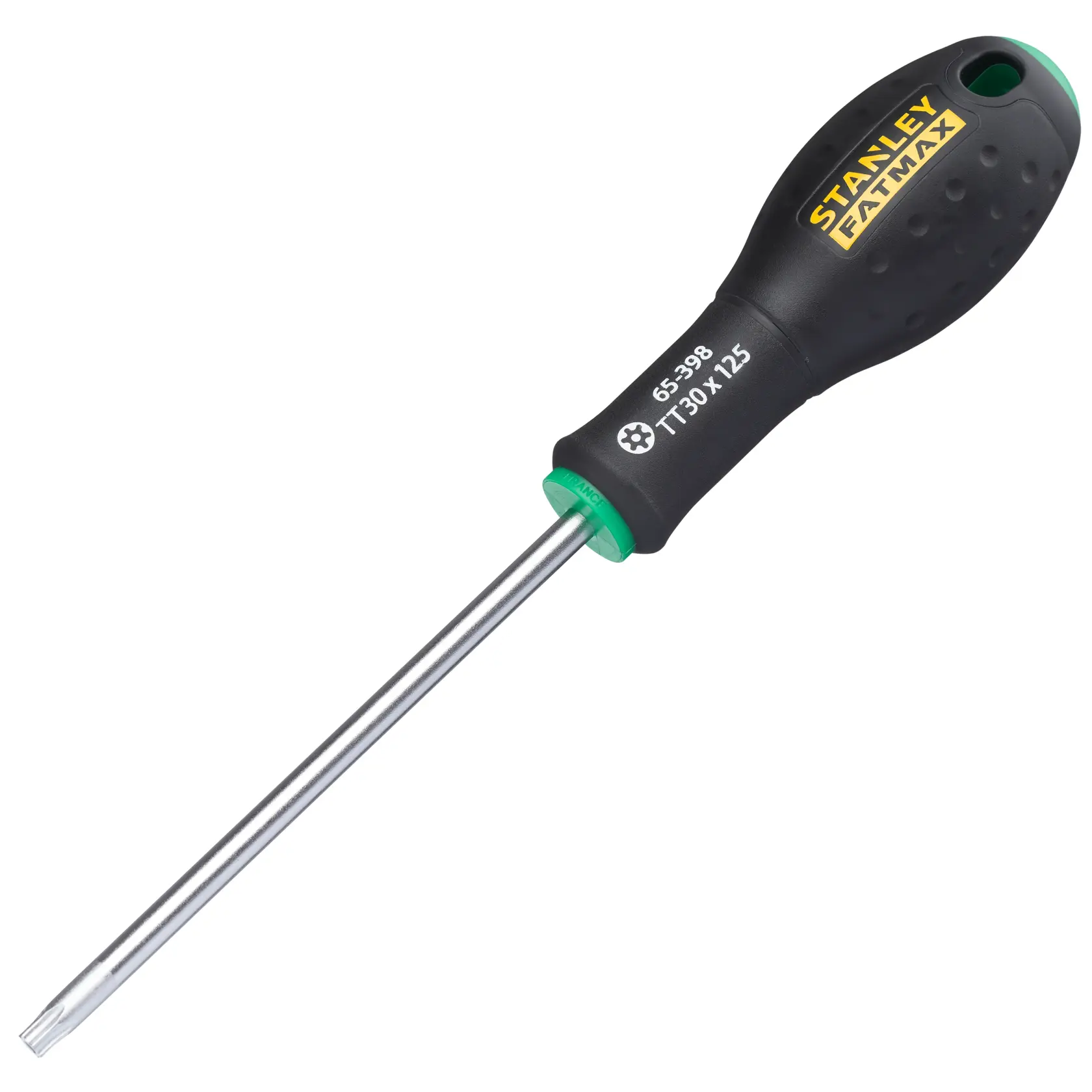STANLEY 0-65-398 screwdriver with black ergonomic handle and green accents, product side angle on white background.