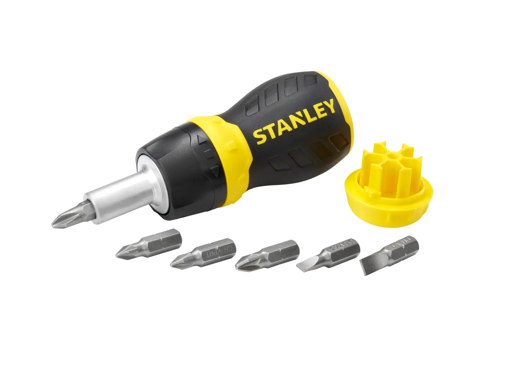 STANLEY 0-66-358 screwdriver set with yellow and black handle, six interchangeable bits, and bit holder, front angle.
