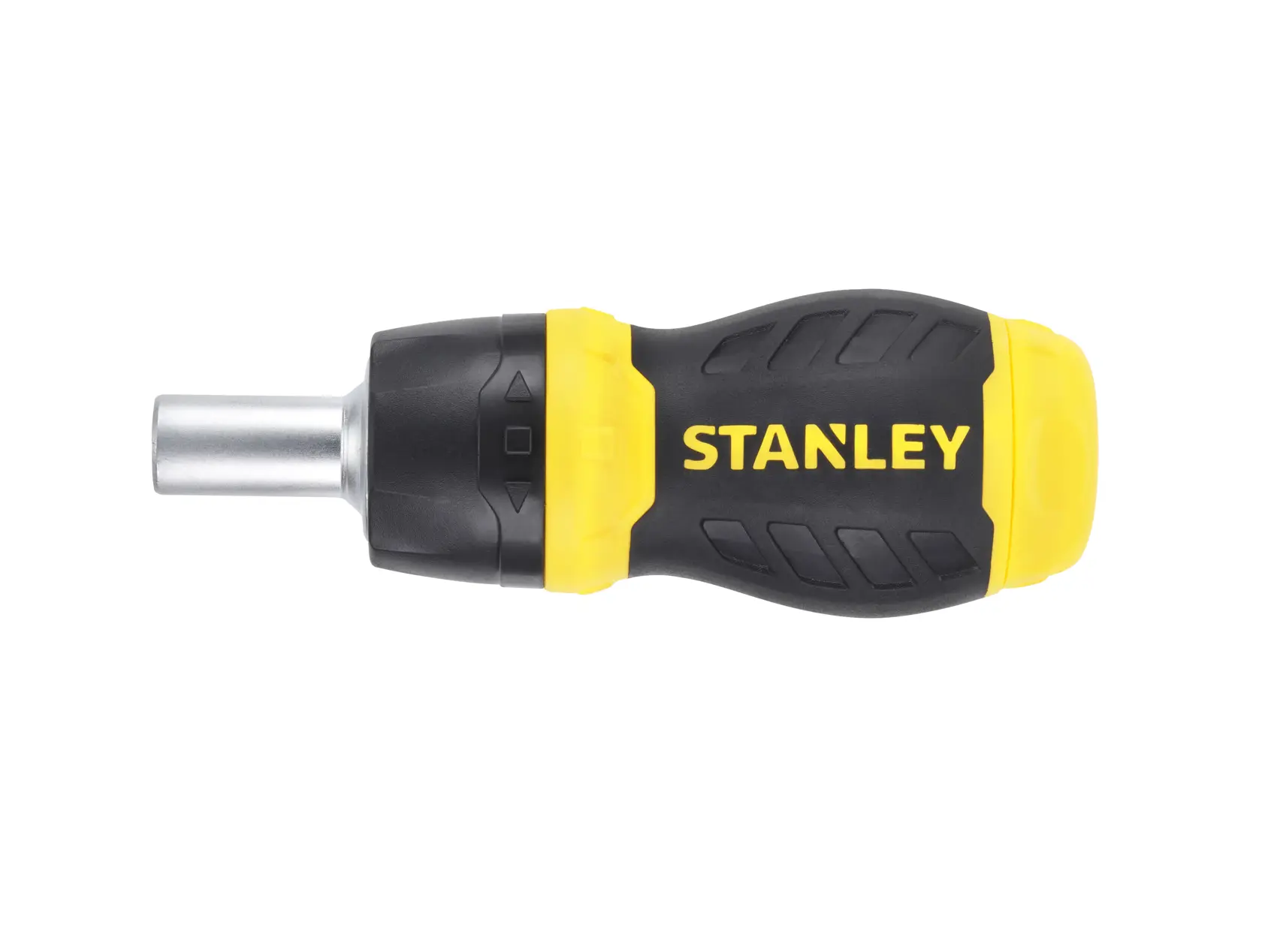 Stanley ratcheting screwdriver with black and yellow ergonomic handle, side-angle on white background