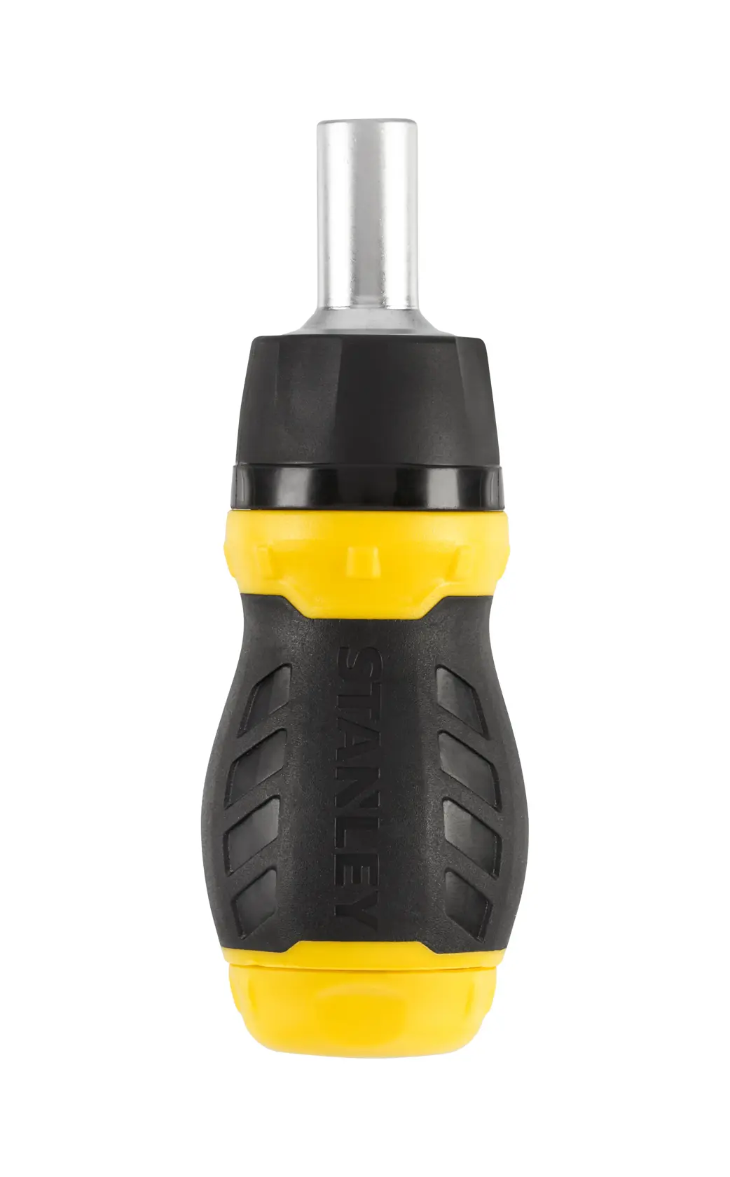 Photo of STANLEY 0-66-358 stubby screwdriver with yellow and black ergonomic handle, front view on white background.