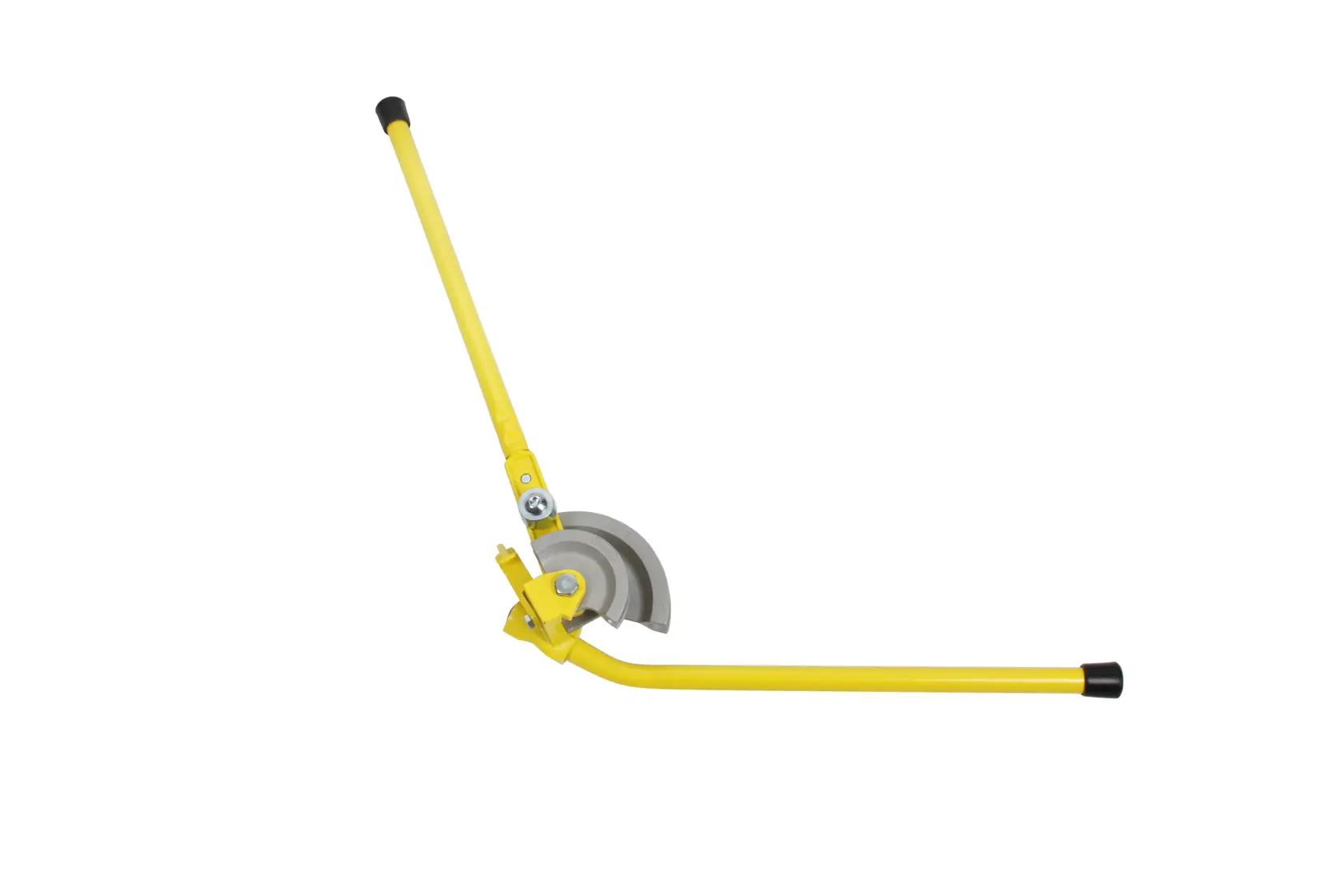 STANLEY 0-70-452 yellow manual pipe bender with black grip ends, side view on white background.