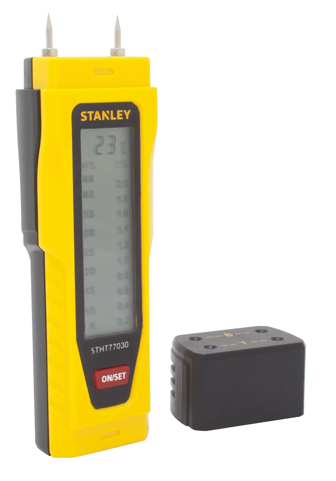 Photo of STANLEY 0-77-030 moisture meter, yellow and black handheld device with digital display, shown front angle.