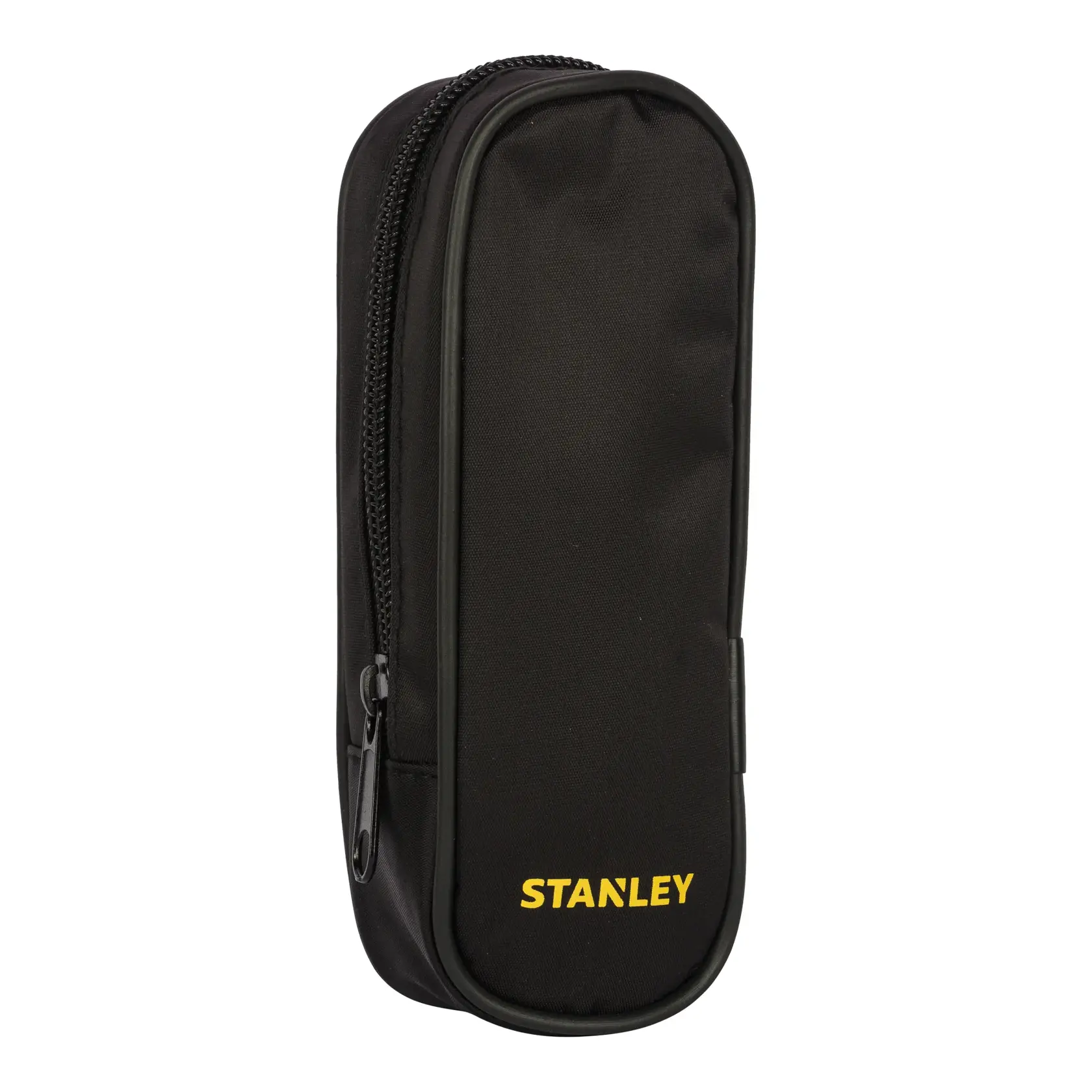 Black Stanley zippered pouch for photography accessories, vertical shape with yellow logo at the front.