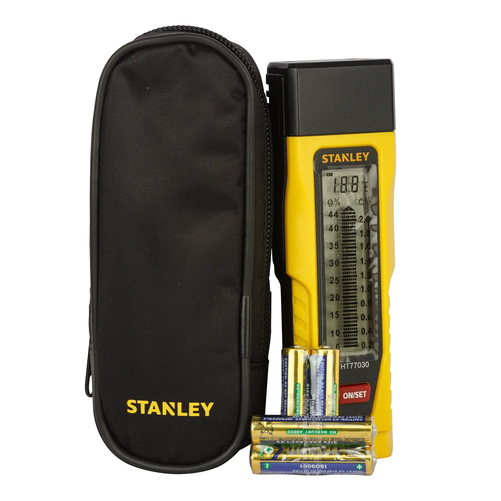 STANLEY 0-77-030 digital moisture meter with LCD display, black carrying case, and AAA batteries, front view.