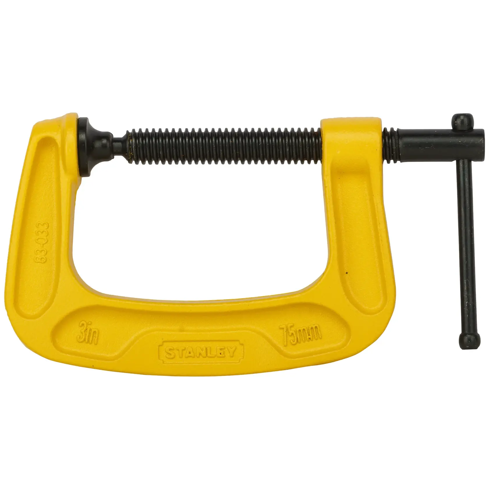 Stanley yellow 3-inch C-clamp for woodworking and photography, with threaded screw and grip handle.