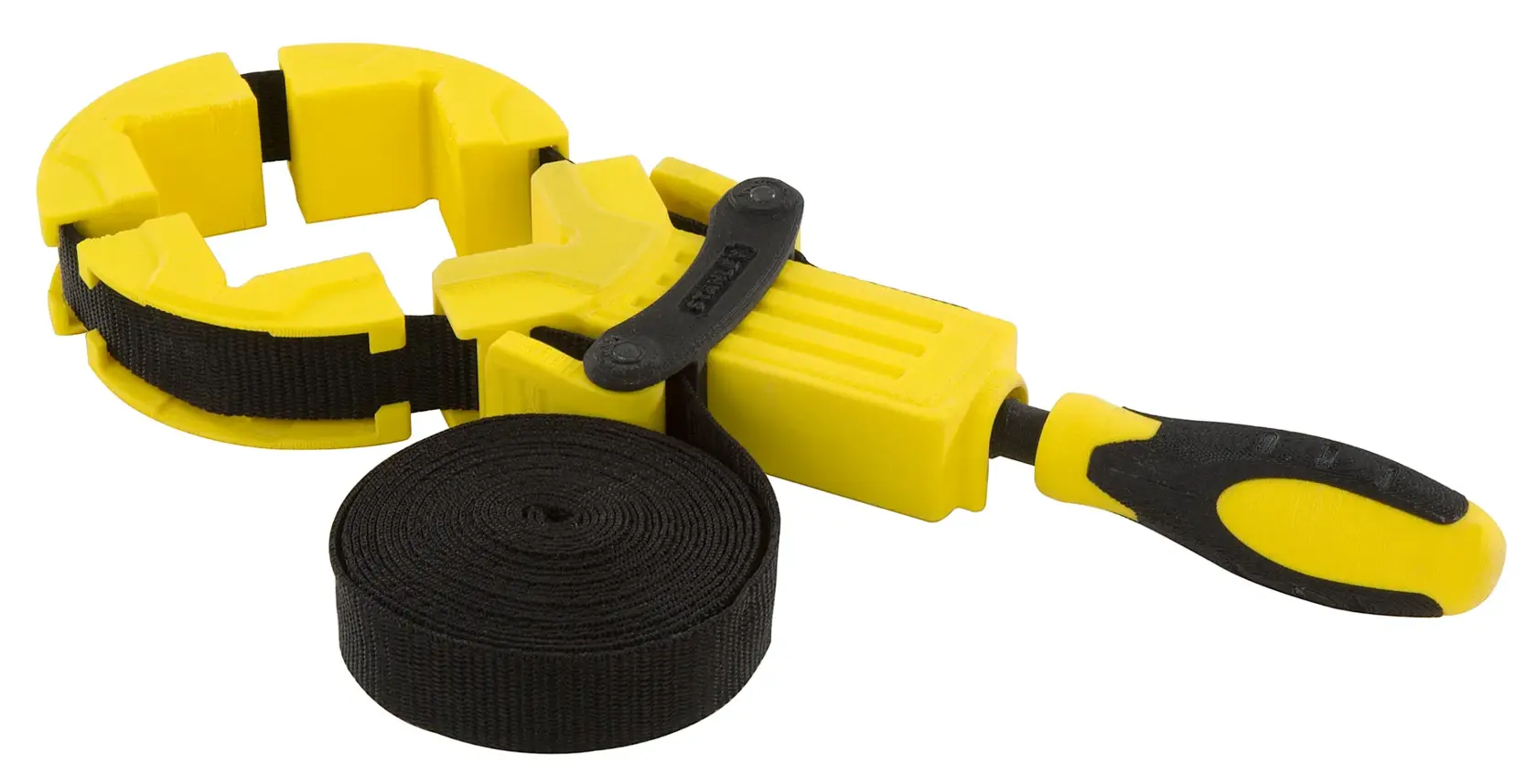 STANLEY 0-83-100 band clamp with yellow handle and black strap, product photo on white background.