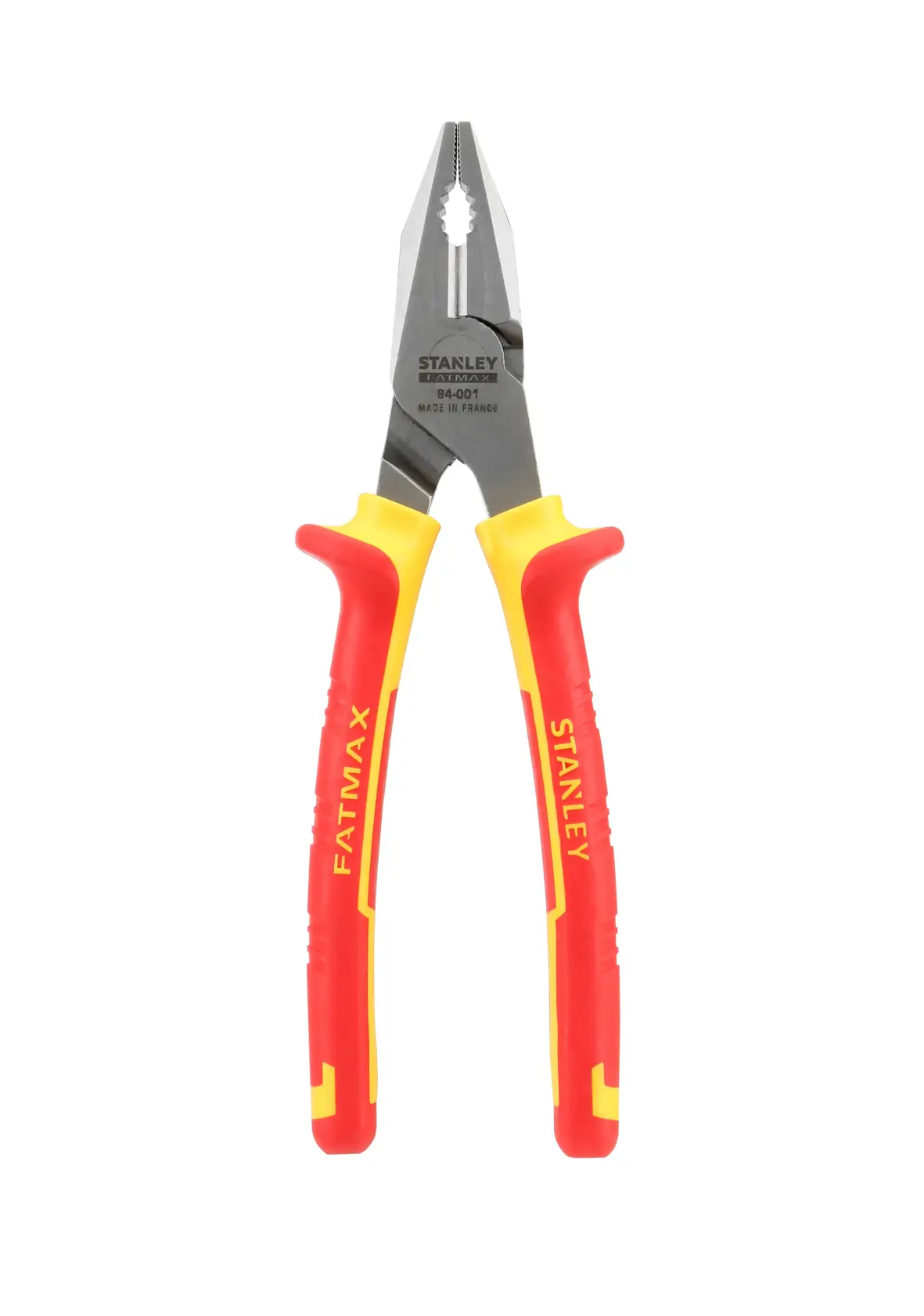 STANLEY 0-84-001 combination pliers with red and yellow insulated handles, front view on white background.