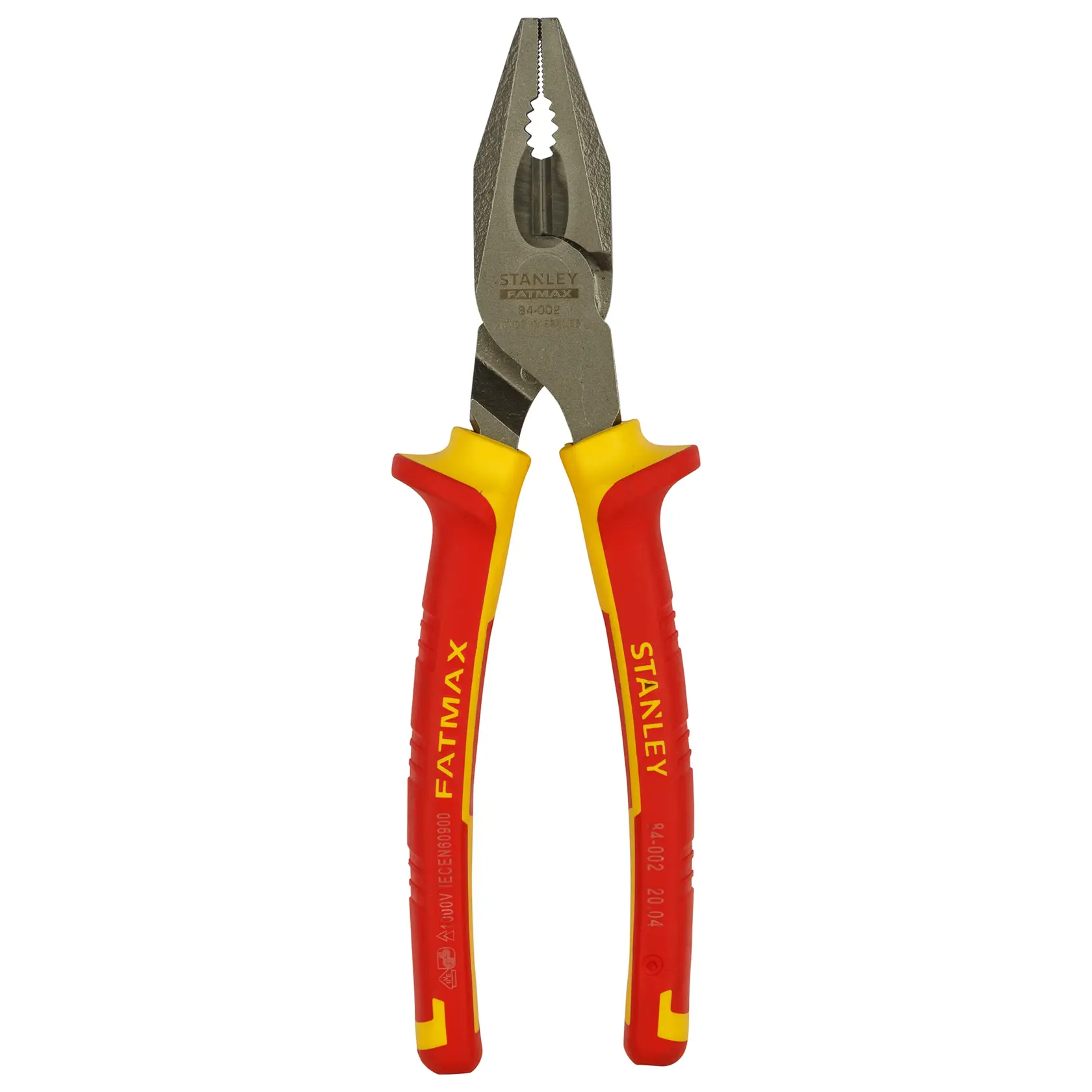 Stanley insulated combination pliers with red and yellow handles, suitable for electrical work, shown on white background.