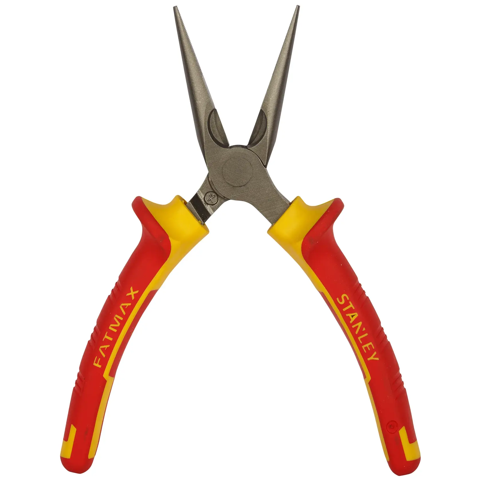 STANLEY 0-84-006 insulated long nose pliers with red and yellow handles, front angle, on white background.