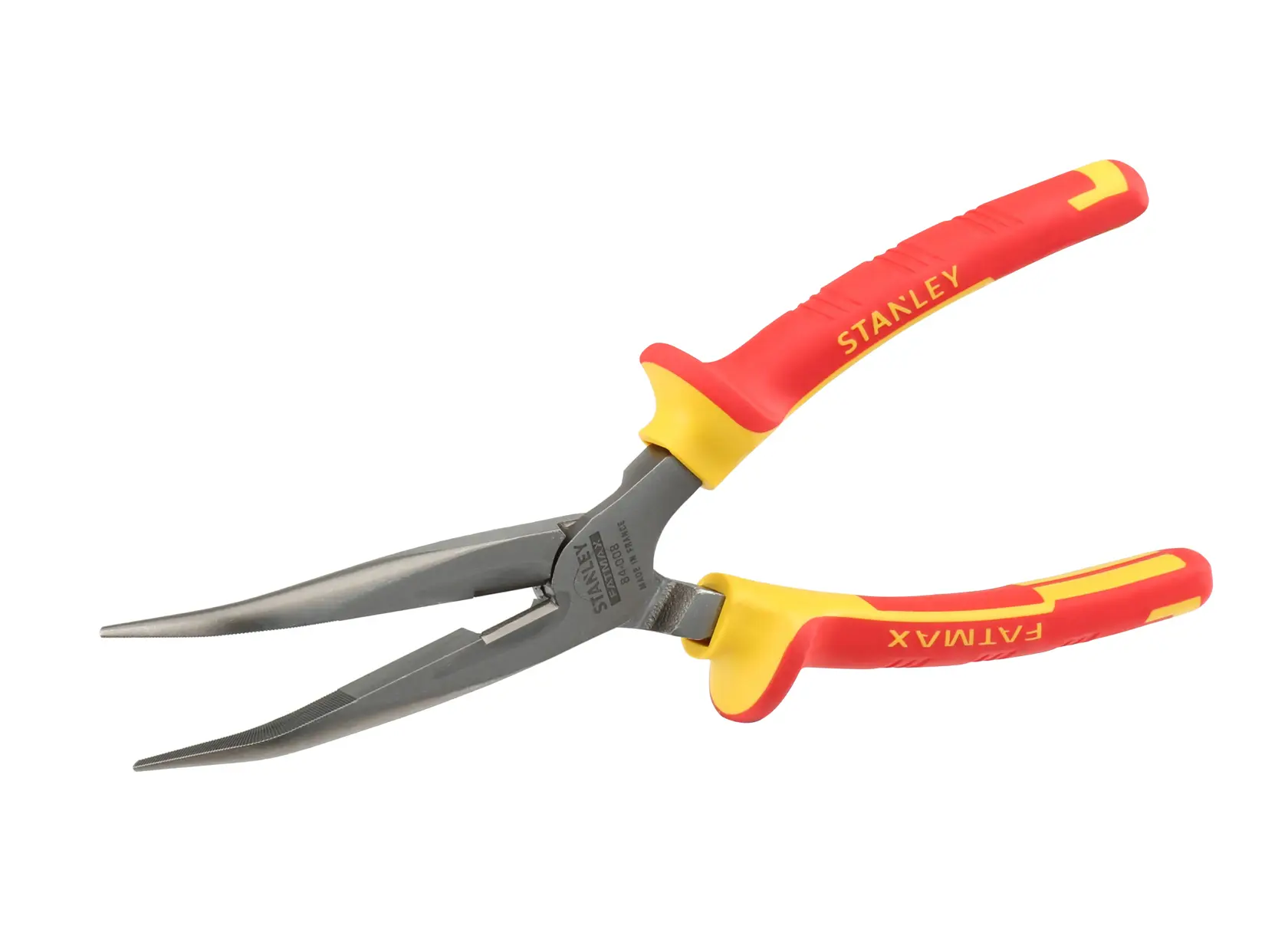 Photo of STANLEY insulated long nose pliers, red and yellow handles, SKU 0-84-008, angled on white background.