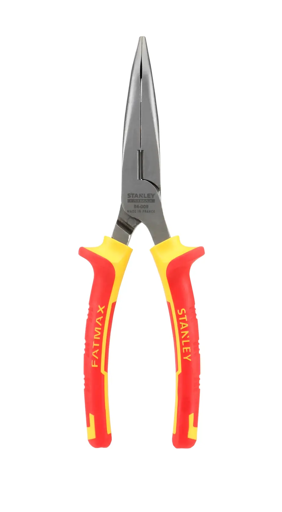 Stanley long nose pliers with red and yellow insulated handles, tool for precision gripping and cutting.