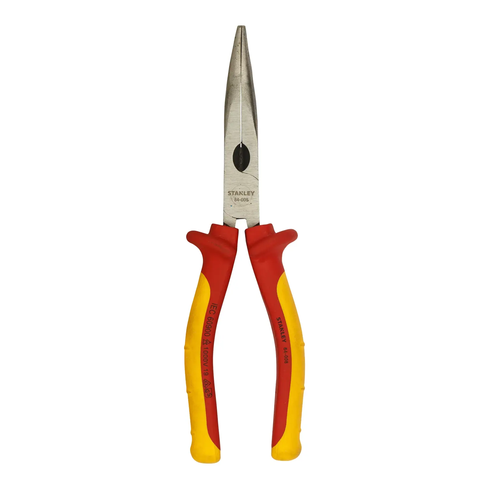 Stanley long nose pliers with red and yellow insulated handles, shown vertically on a white background.