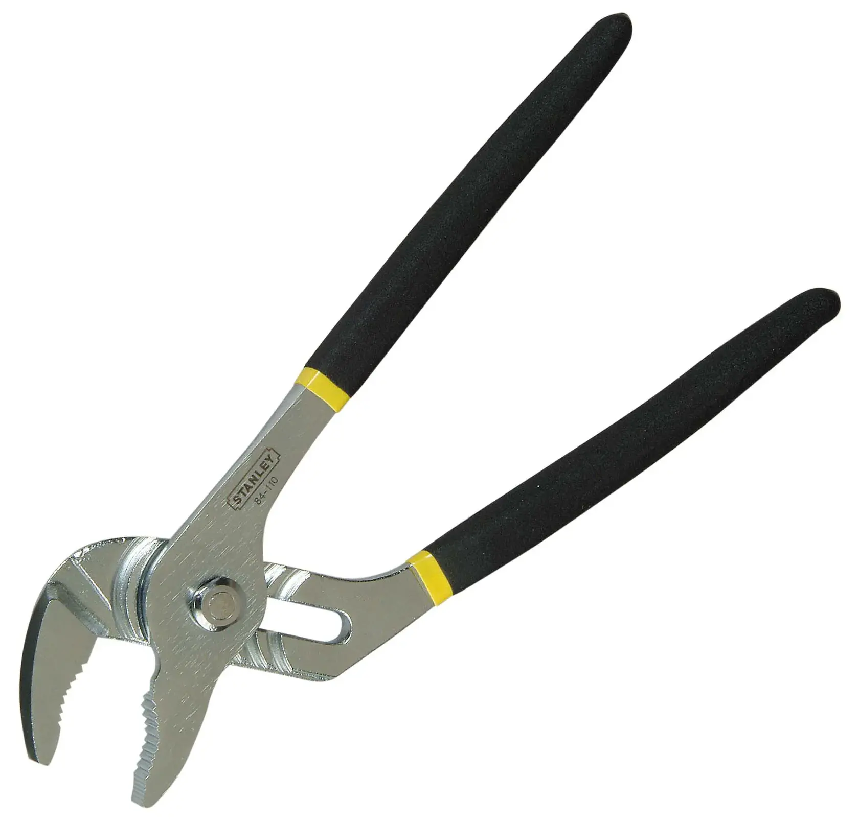 STANLEY 84-110, 0-84-110 pliers with black grips, silver body, angled view. Photography product.