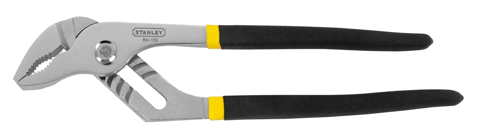 Stanley 84-110, 0-84-110 photography of groove joint pliers, black and yellow handles, side angle.
