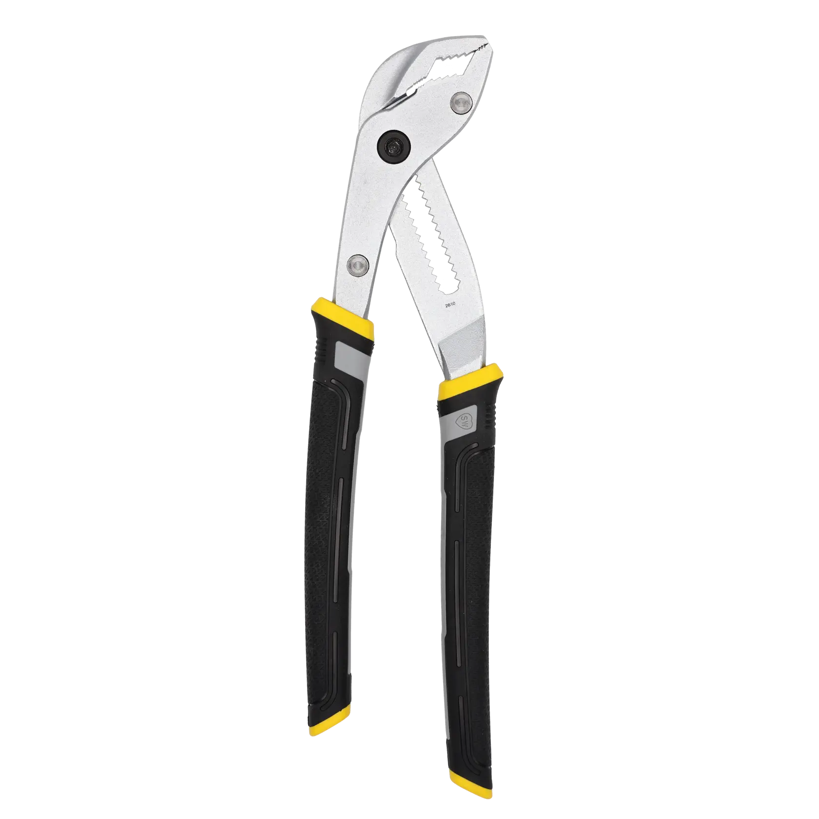 A pair of adjustable groove joint pliers with a metal body and black handles featuring yellow accents, displayed against a white background.