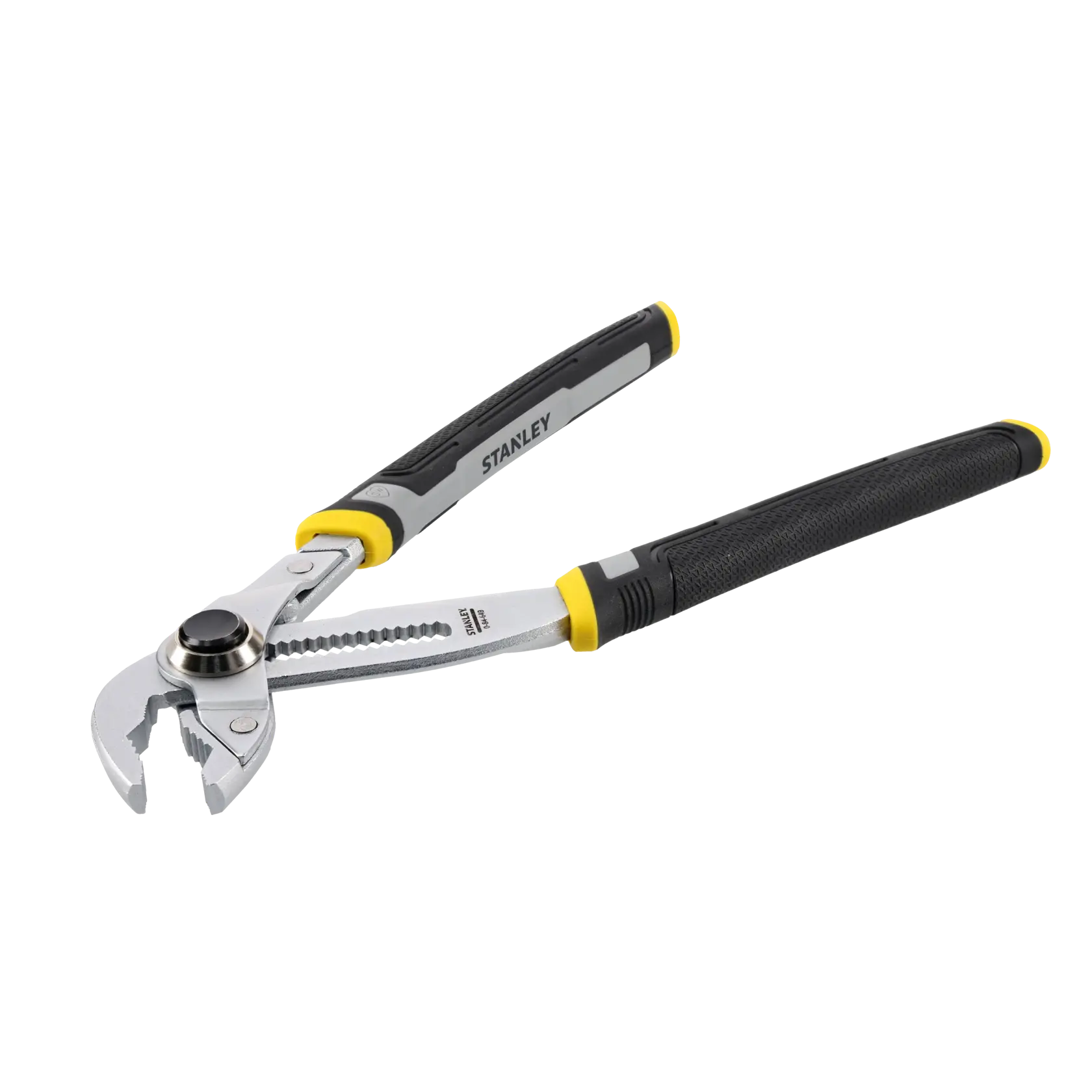 STANLEY adjustable groove joint pliers with a black and yellow handle, designed for gripping and turning various objects.