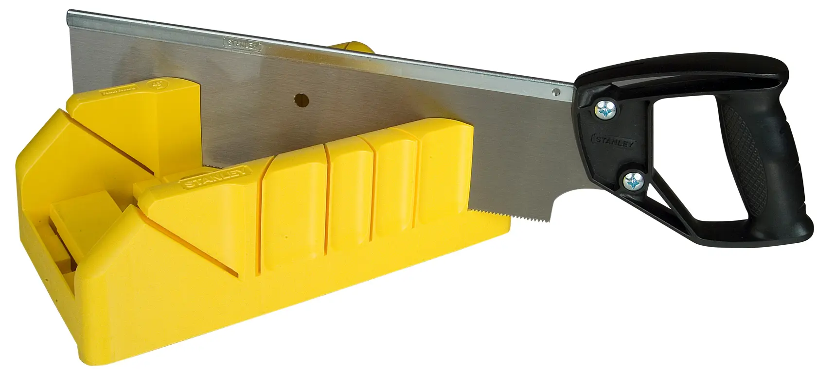 Yellow mitre box with black-handled saw, used for precise angled wood cutting.