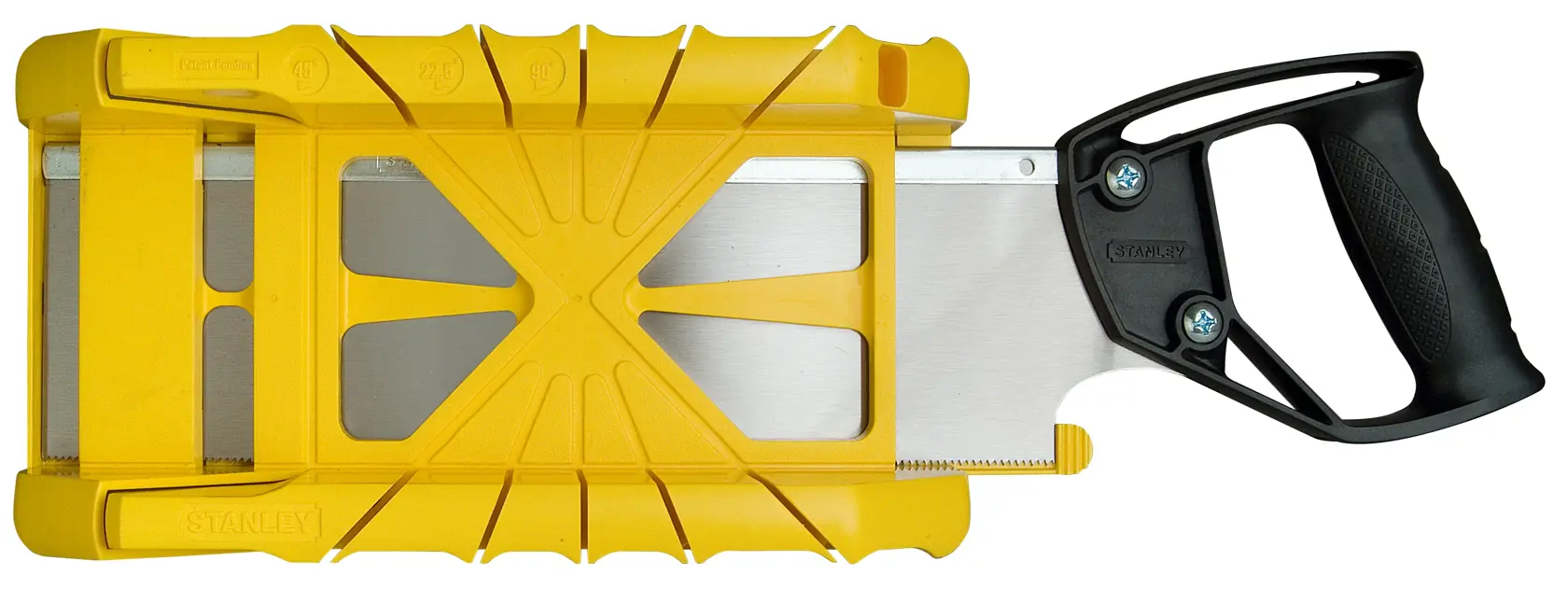 Stanley yellow mitre box and saw set with black handle, designed for precise angled wood cutting.