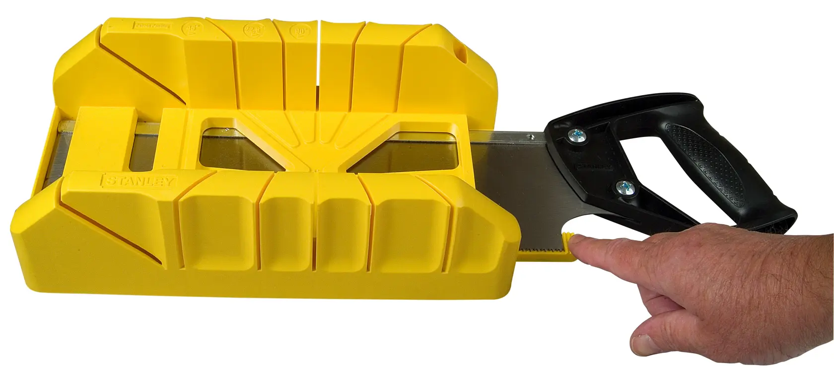 STANLEY 1-19-800 mitre box and saw set, yellow plastic, angled view, hand holding handle.
