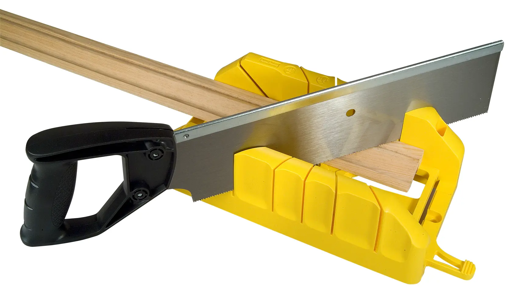 STANLEY 1-19-800 mitre box and saw, yellow plastic box with black handled saw, front angle, woodworking tool.