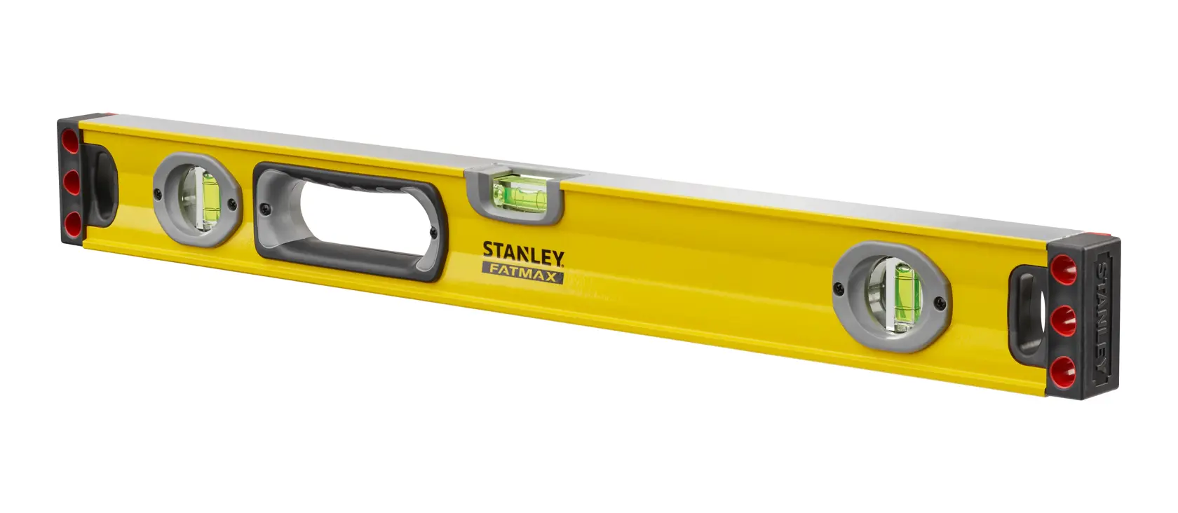 Yellow Stanley Fatmax spirit level with three bubble vials and ergonomic handle.