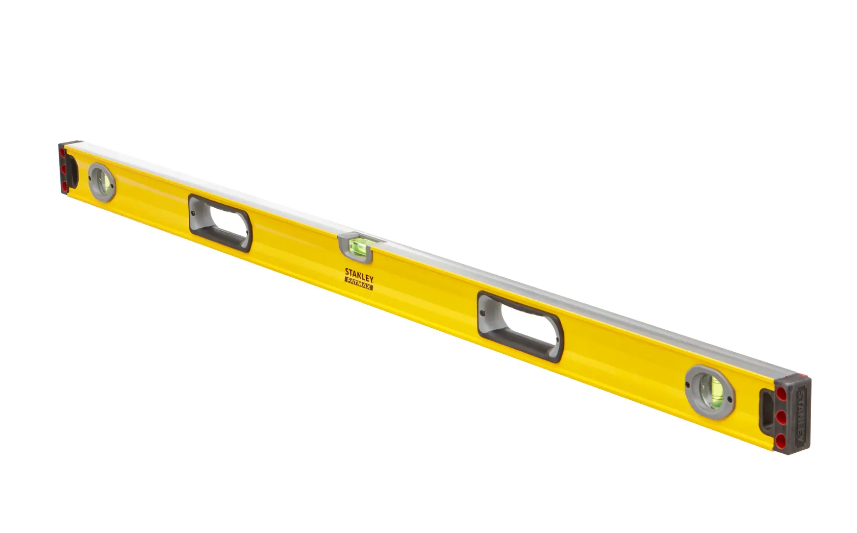 STANLEY 1-43-548 yellow spirit level with three vials and two hand holes, angled view on white background.