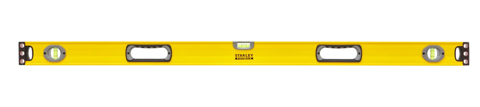 Photo of STANLEY 1-43-548 yellow spirit level with three vials, two handles, front angle on white background.