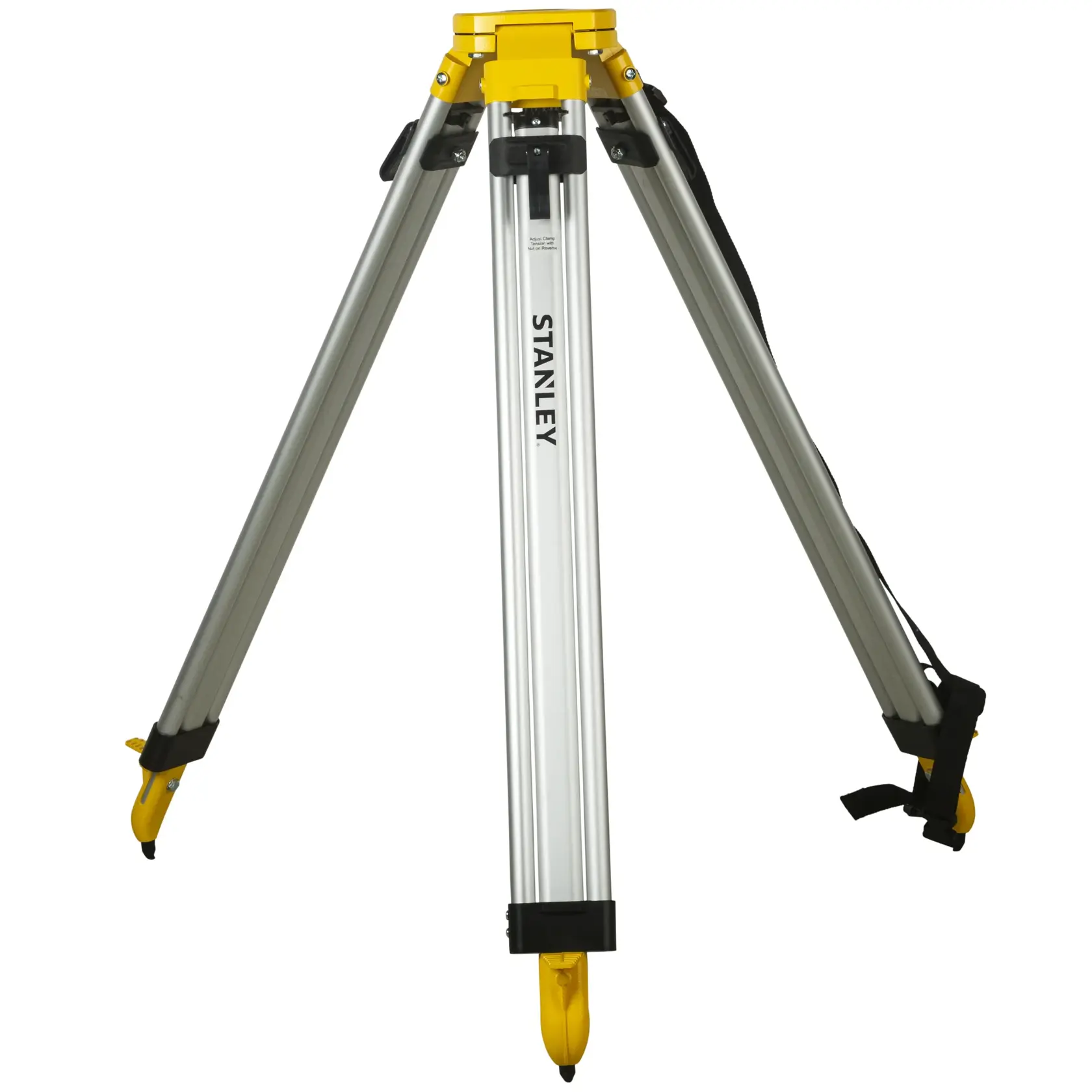 STANLEY 1-77-163 photography tripod, front angle, silver aluminum legs, yellow accents, white background.
