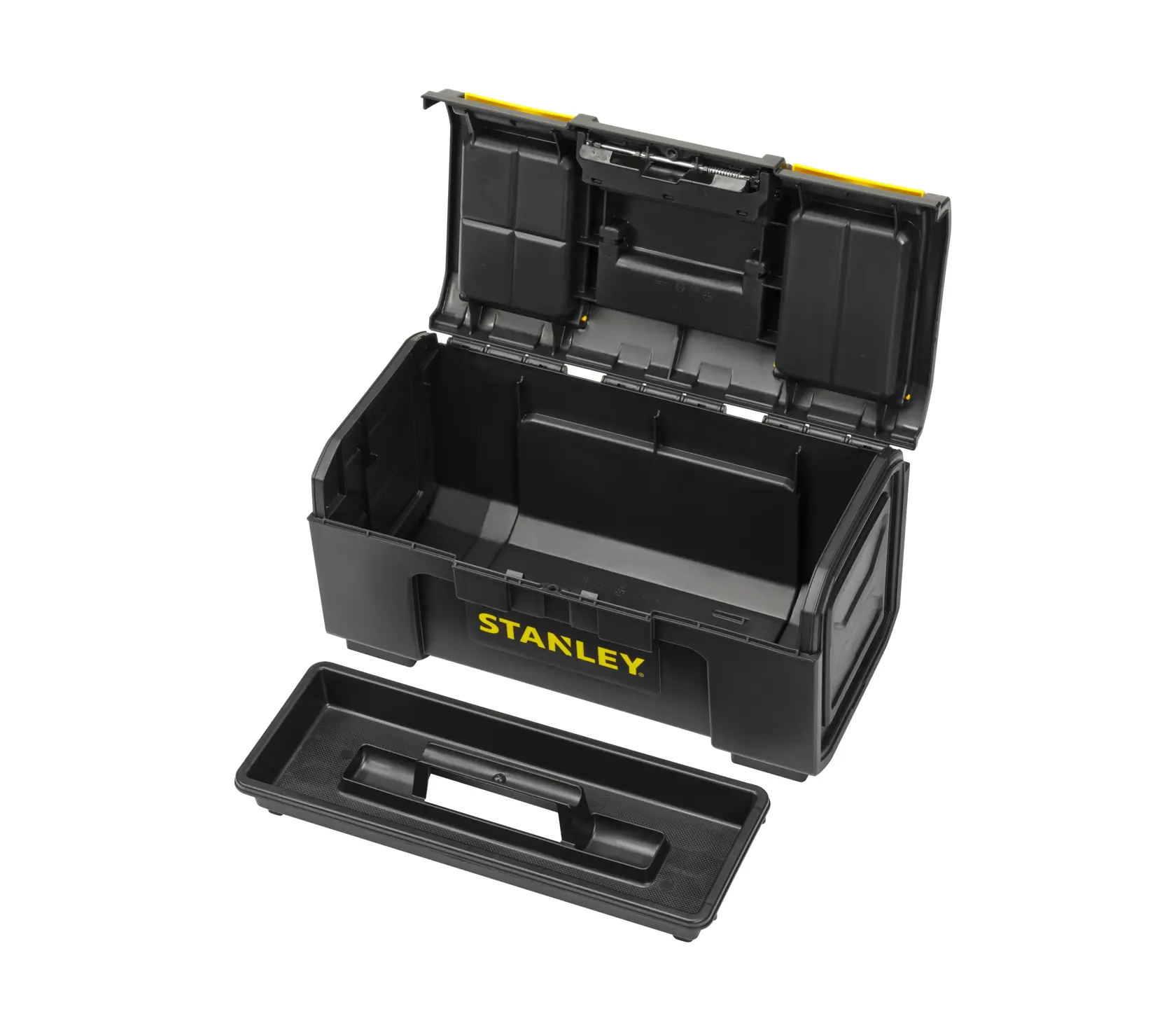 STANLEY 1-79-217 black toolbox with removable tray, open lid, white background, front angle.