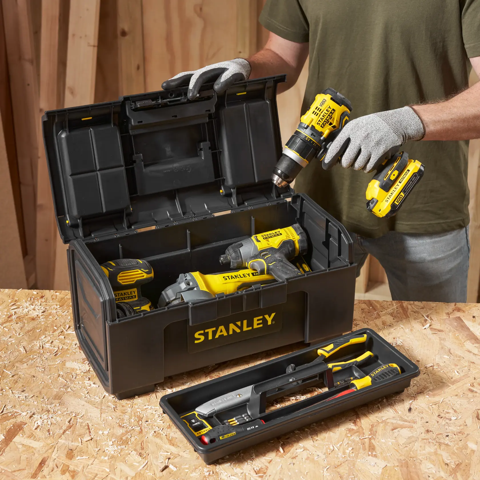 Photo of STANLEY 1-79-217 tool box with yellow power tools and accessories displayed on a workbench.