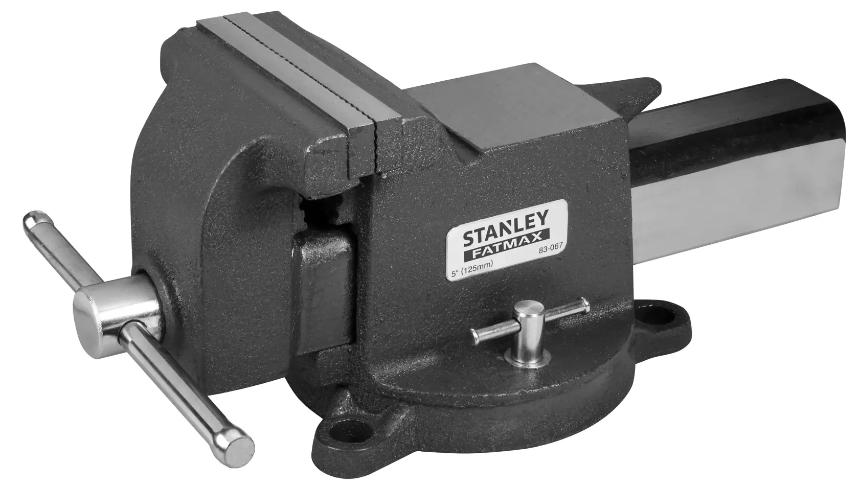 STANLEY 1-83-067 bench vise, metal workshop tool, side angle, on white background.
