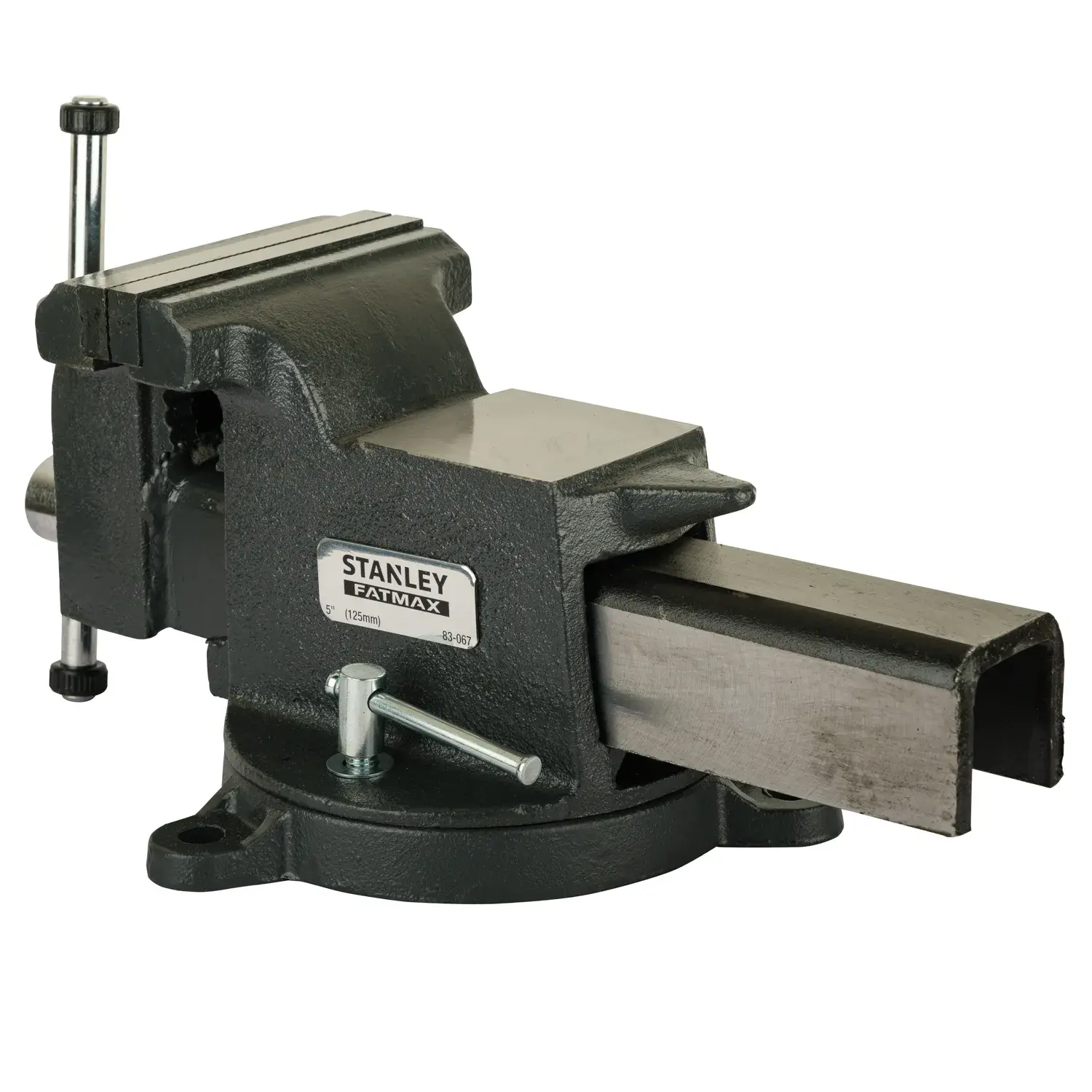 STANLEY 83-067 bench vise, heavy-duty cast iron, front angle, black metallic finish.