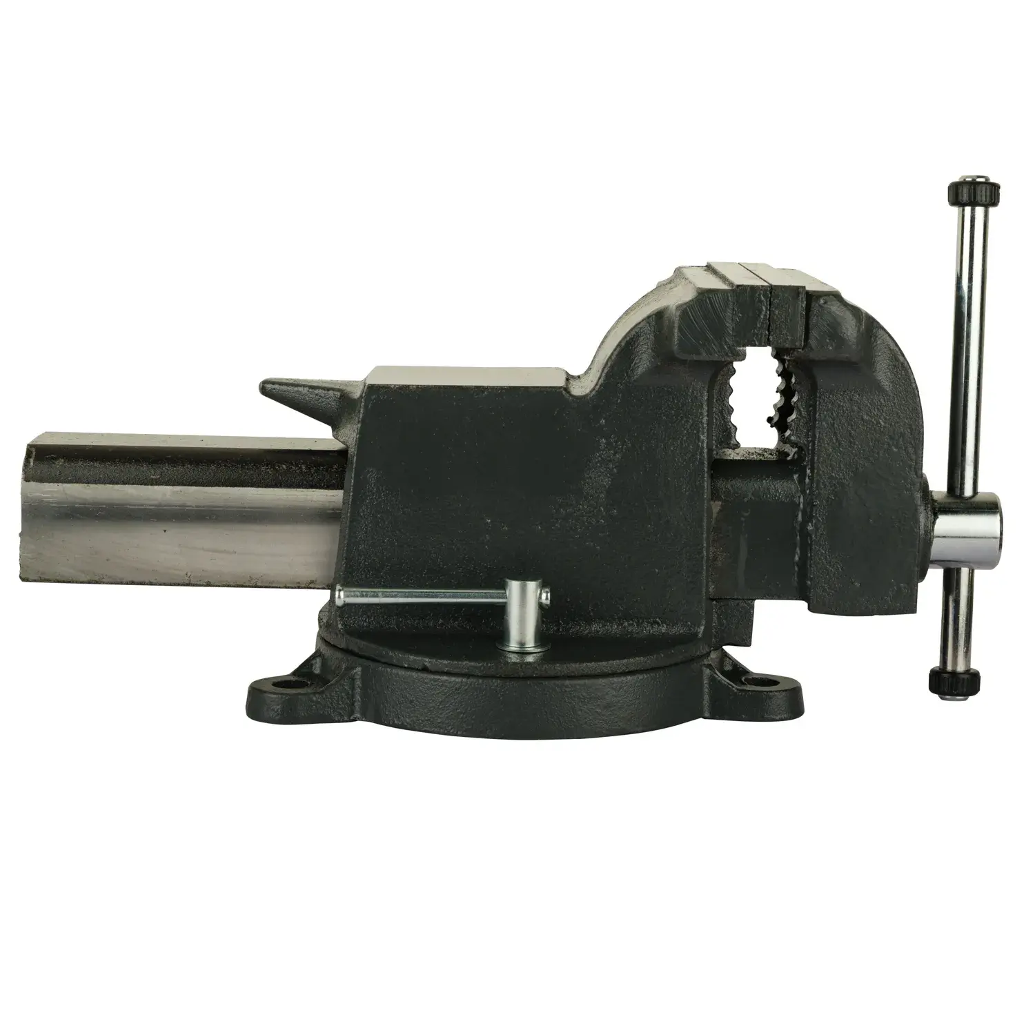 STANLEY 83-067 bench vise, black metal, side angle on white background.