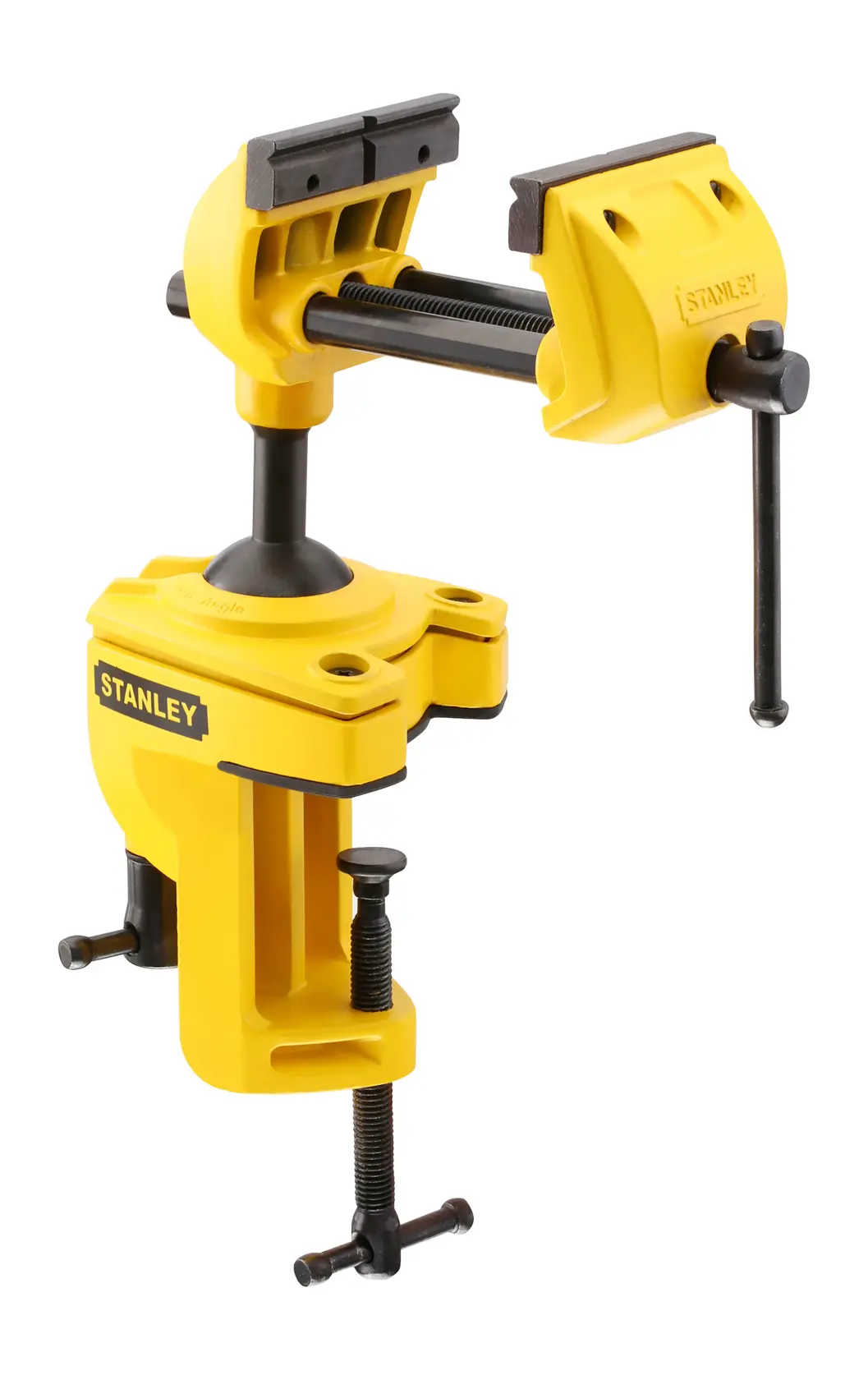 Photo of STANLEY 1-83-069 yellow bench vise, clamp base, front angle on white background.