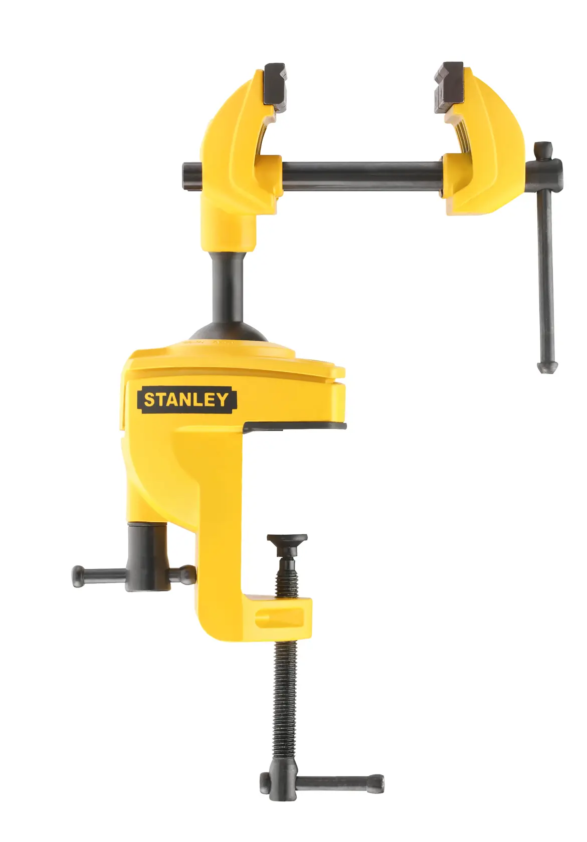 Yellow STANLEY bench vise with adjustable jaws and mounting clamps, used for securely holding workpieces.