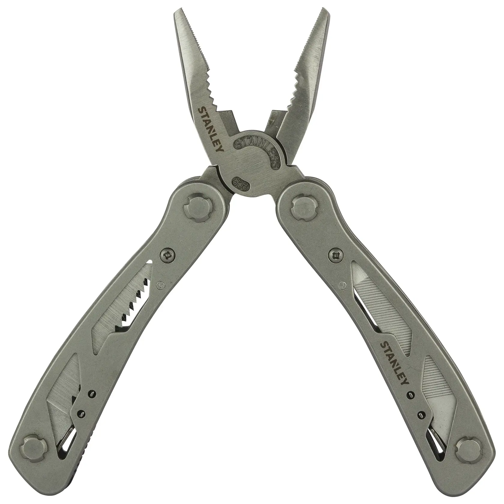 Stanley multitool with open pliers, metal handles, integrated tool functions, suitable for various tasks.