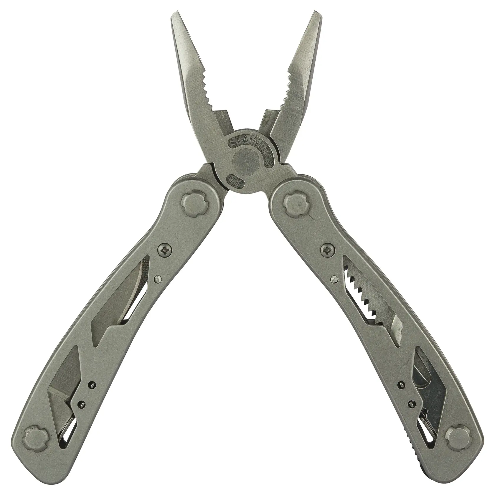 Stanley multi-tool pliers with open handles showing various tools including knife and saw blade.