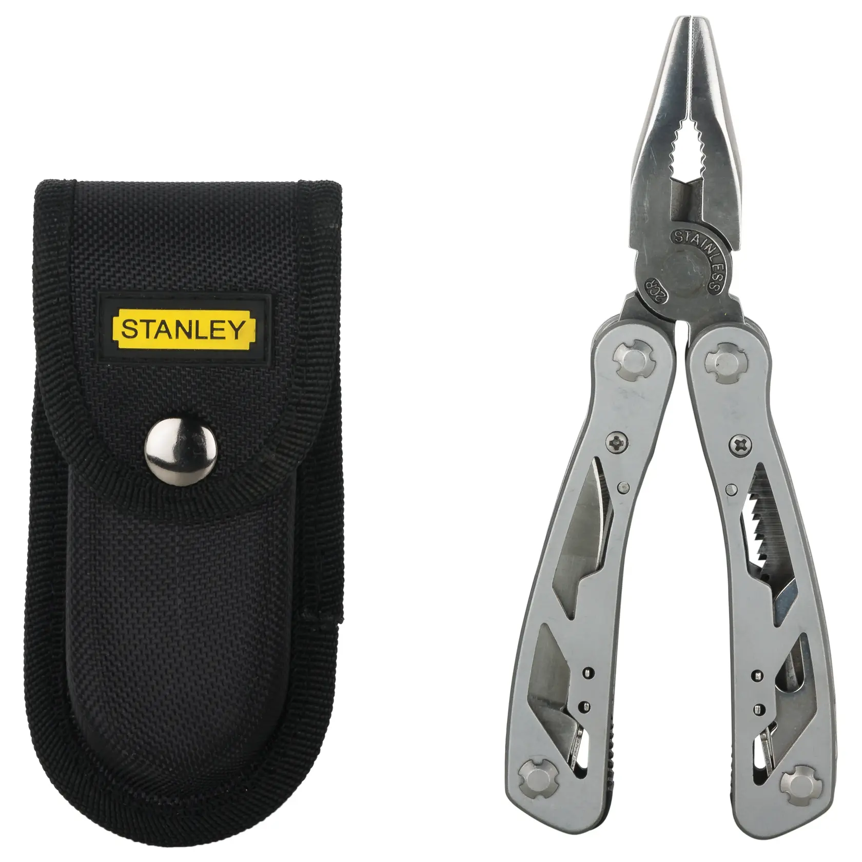 STANLEY 1-84-519 multi-tool pliers with black carrying pouch, front angle on white background.