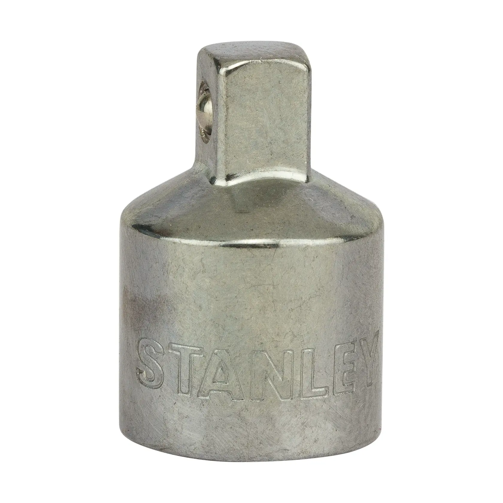 Metal Stanley socket adapter for tools, cylindrical shape with engraved brand name.