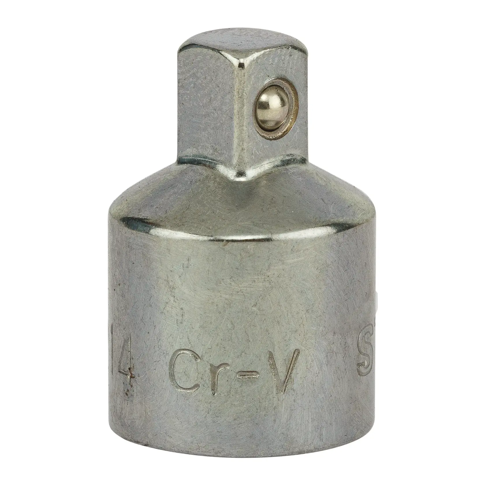 Metal socket adapter for tools, cylindrical shape with square head and ball lock mechanism.