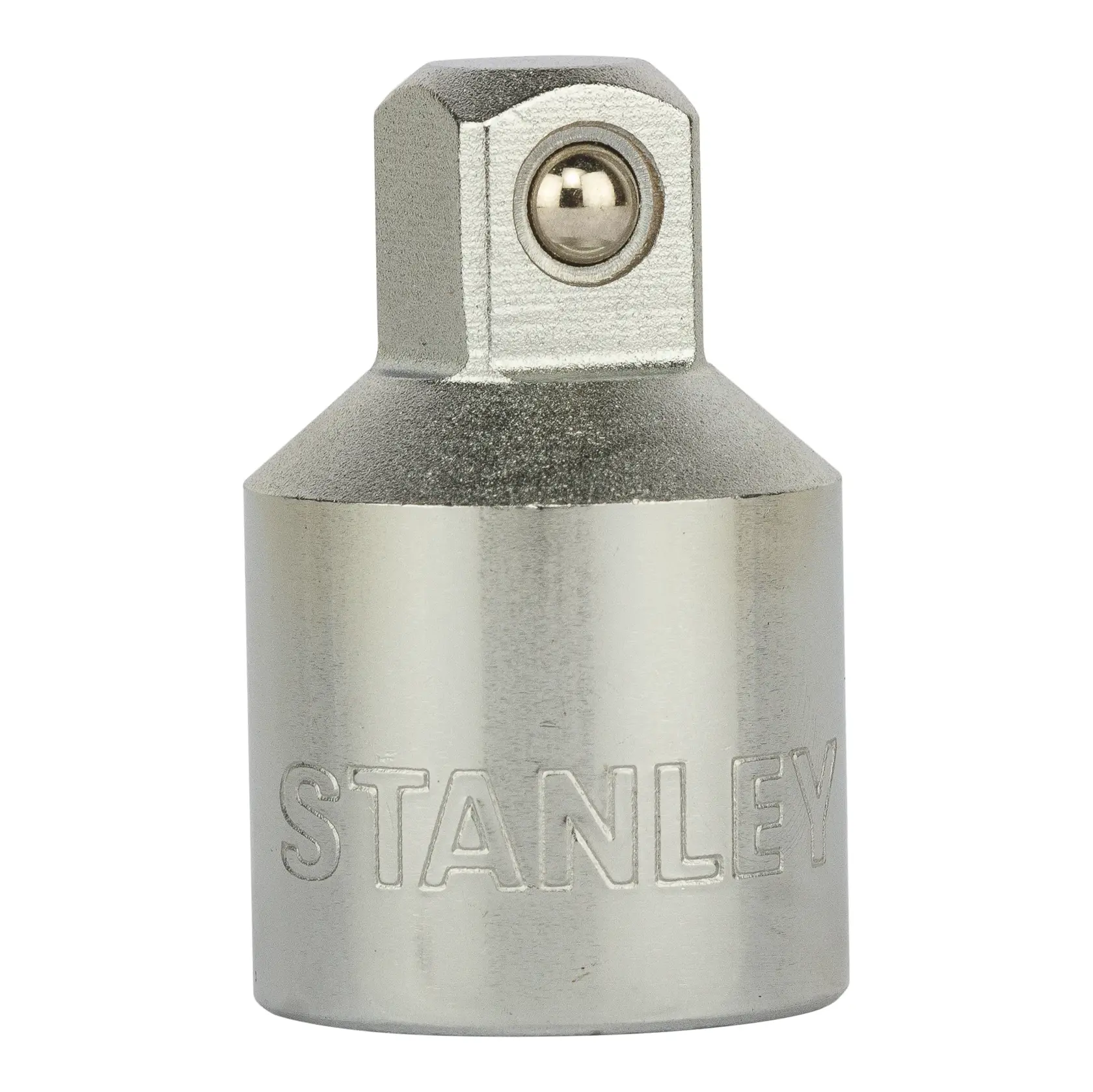 Stanley metal socket adapter for tools, cylindrical shape with engraved brand name.